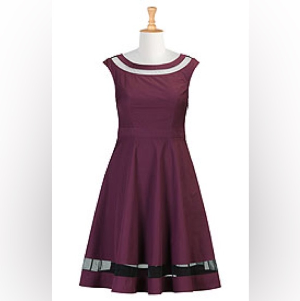 Maroon/Augergine knee length dress with mesh detail at collar and hem